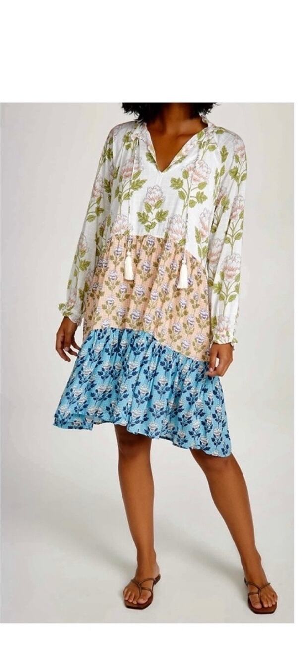 Roller Rabbit Padma Janni Mixed Floral Print Tiered Long Sleeve Coverup Dress S